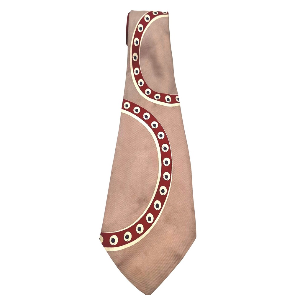 Vintage 70's Majestic Mod Red Geometric Eyelet Mid Century Wide Mauve Tan Tie